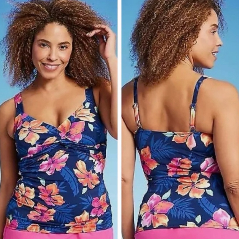Lands' End Navy Floral Twist-Front Tankini top with Pink & Orange Blooms